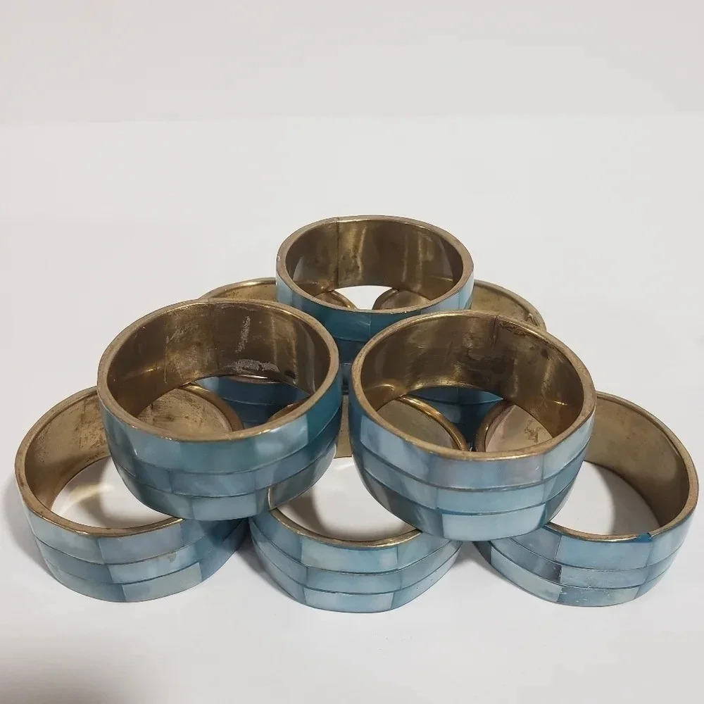 Vintage Brass and Blue Mother of Pearl  Set of 8 Napkin Holders